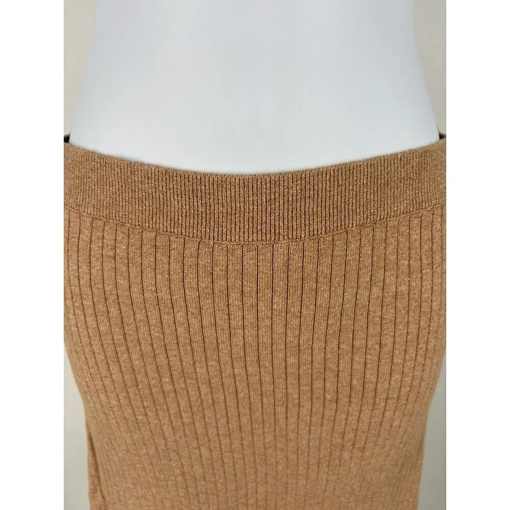 Camel Ribbed Knit Midi Skirt Women’s Bodycon Sweater Skirt High Waist Slit Hem